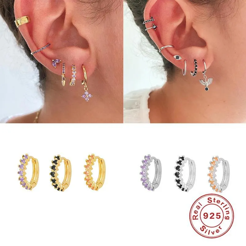 Hoop Huggie Aide 925 Sterling Silver 9mm Färgglada zirkonörhängen för kvinnor Round Ear Stud Browilage Tragus Party Jewelry Aros
