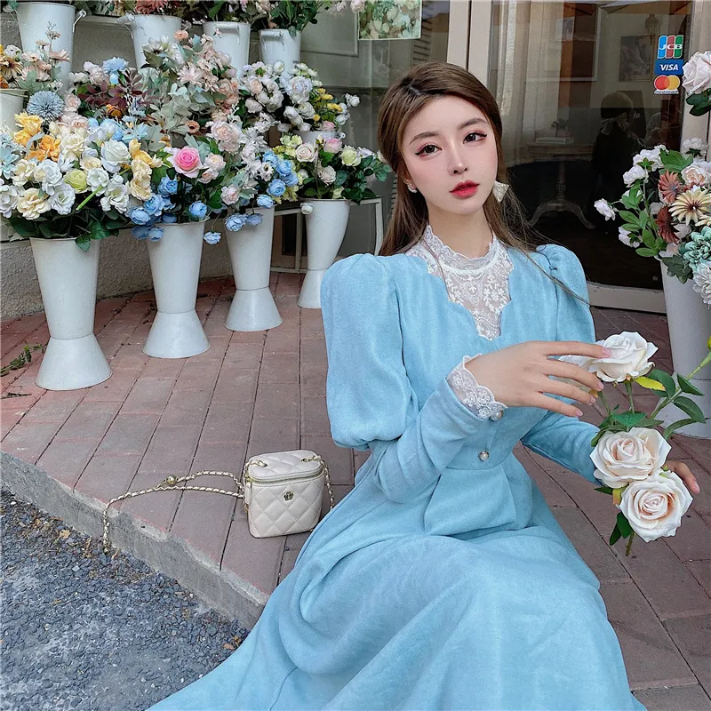 Vestido elegante sólido mujer invierno patchwork encaje fiesta midi vestido femenino casual estilo francés dulce kawaii vestido coreano mujeres 220406