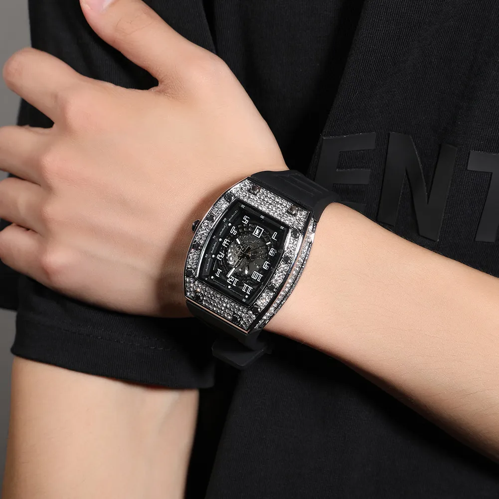 Designer-Herrenuhr, modische Luxusuhr mit schwarzen Diamanten, Quarz-Sportuhren, Armbanduhren mit Silikonarmband