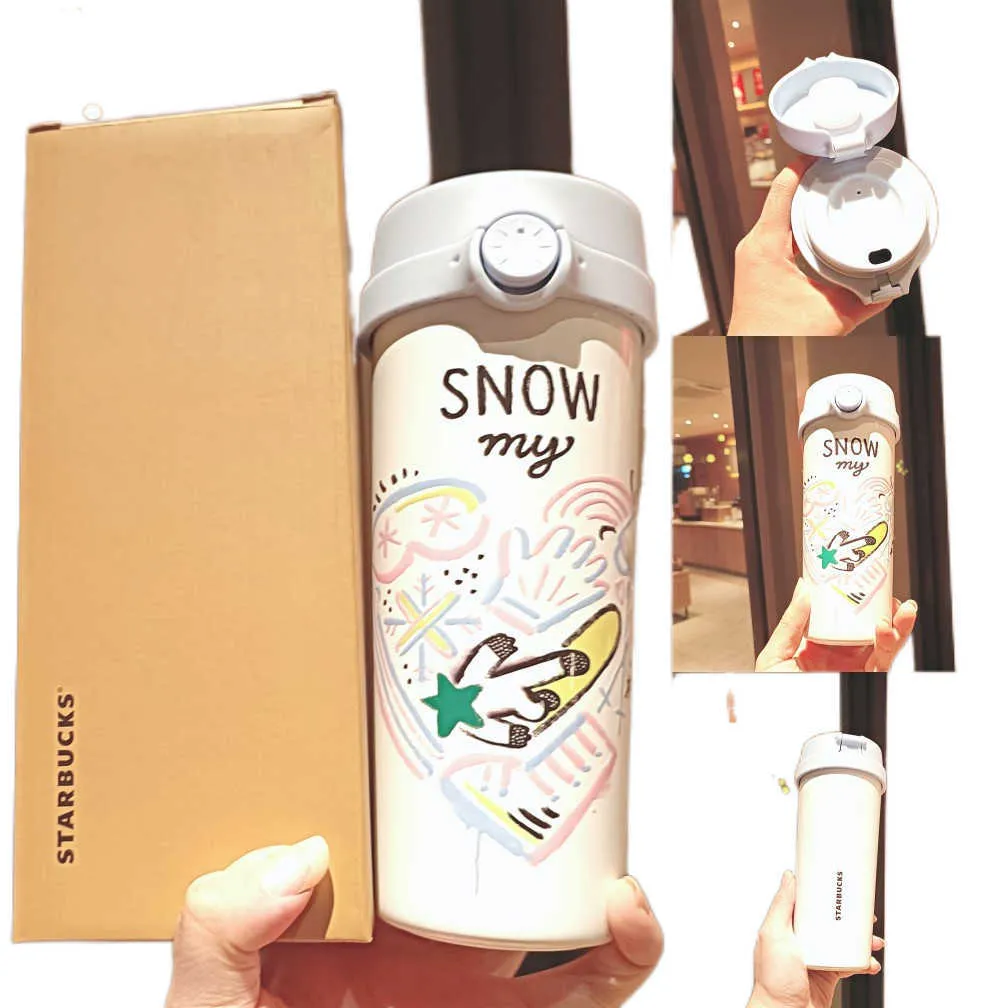 Novo copo de água Starbucks caneca de vidro montanha de neve para esqui de inverno chaleira de aço inoxidável que acompanha copo térmico