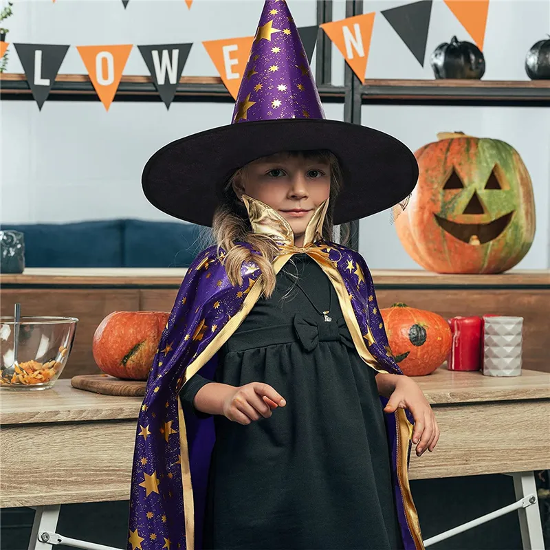 Ocasiones especiales Niños Disfraces de Halloween Capa de bruja Capa con sombrero Disfraz de niños Cosplay Accesorios de fiesta para 3-12 años 220826