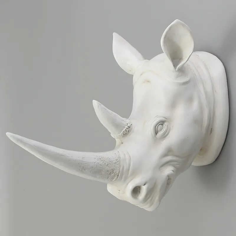 Resin Exotic Rhinoceros Head Ornament White Animal Statues Crafts for Home el Wall Hanging Art Decoration Gift 220614