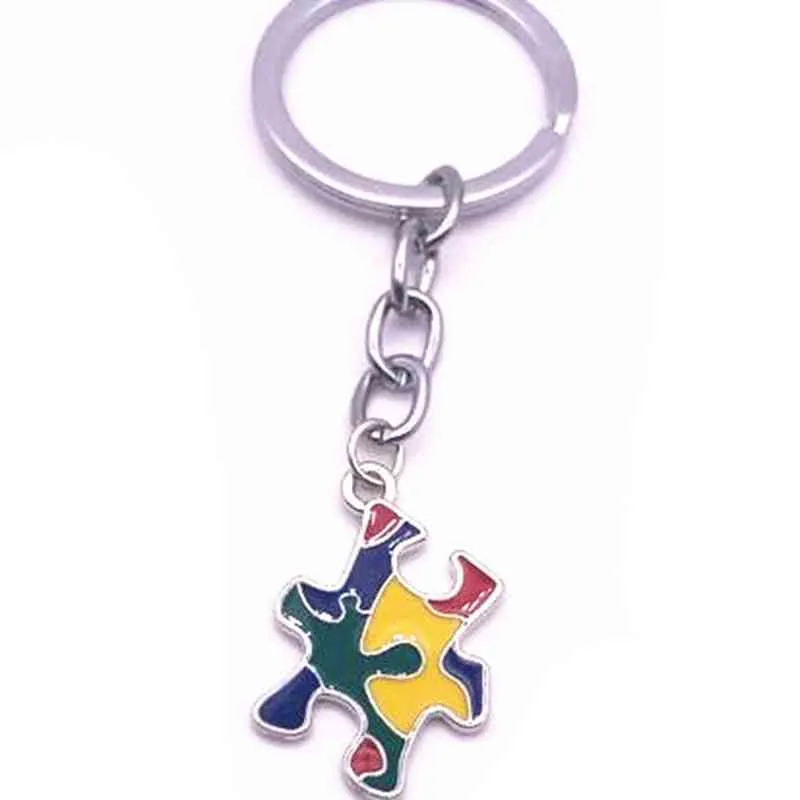 Hela 20st 10st Emalj Rhinestone Autism Awareness Jigsaw Puzzle Piece Charm Keychain Keyring For Man Woman Gifts219i