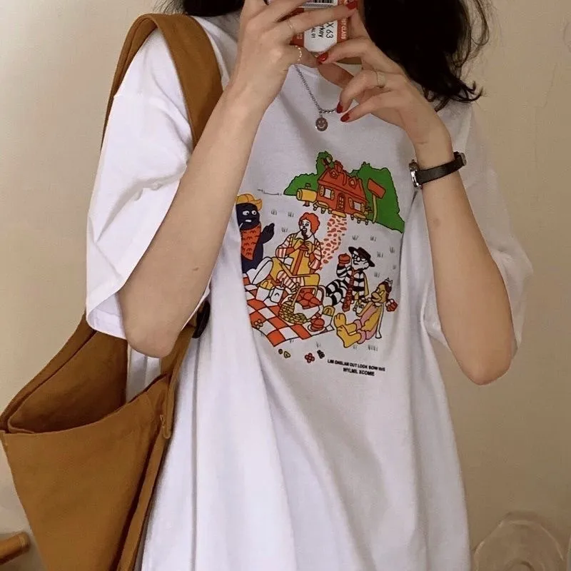 Japon tarzı çizgi film kawaii baskı kadınlar tişört rahat sokak kıyafeti ulzzang pamuk yaz grafik kadın üstleri için komik tişört 220511