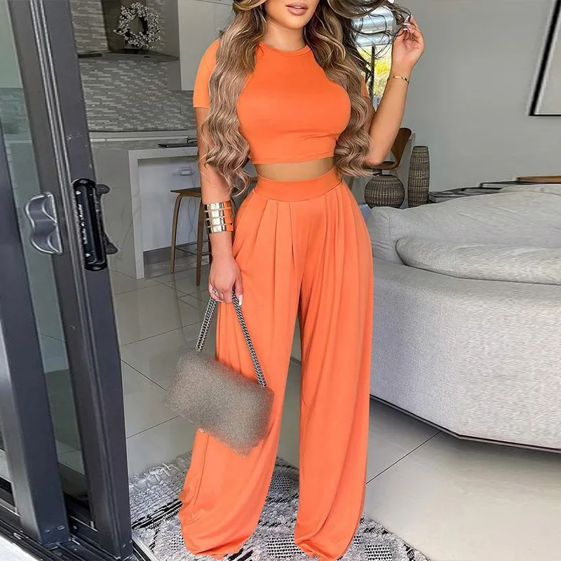Summer Women Two Piece Set Elegant Print Office Lady Outfits Elegant O Neck Short Sleeve Shirt Pullover Wide Ben Pants Suits 220812