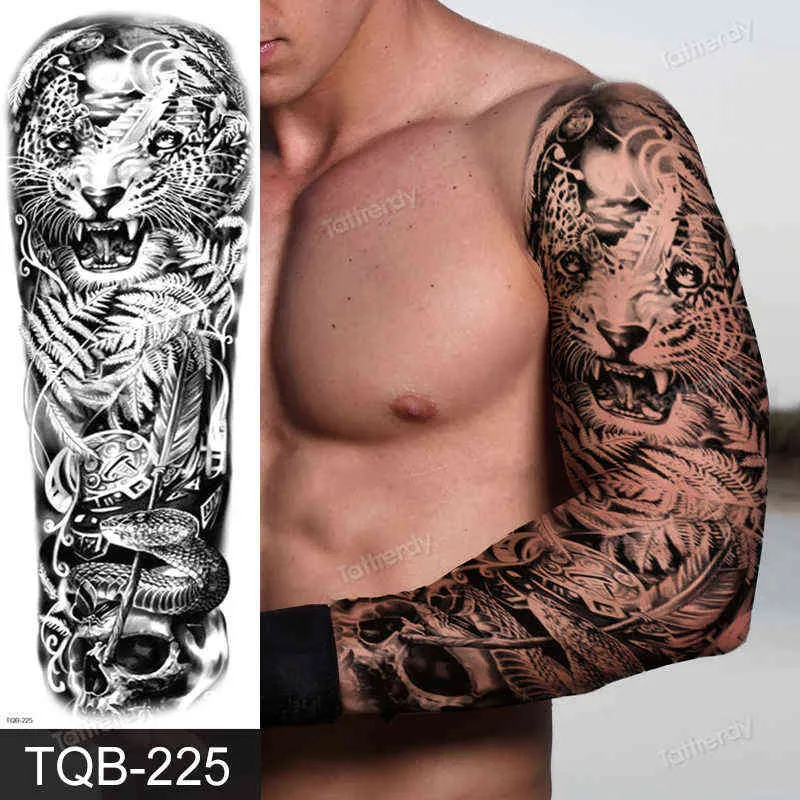 NXY TIDLIGARE TATTOO FULL ARM S Stora Black Totem Trial Boys Tatoo Fake Vattentät Skull Lion Sleeve Stickers Body Art Makeup 0330