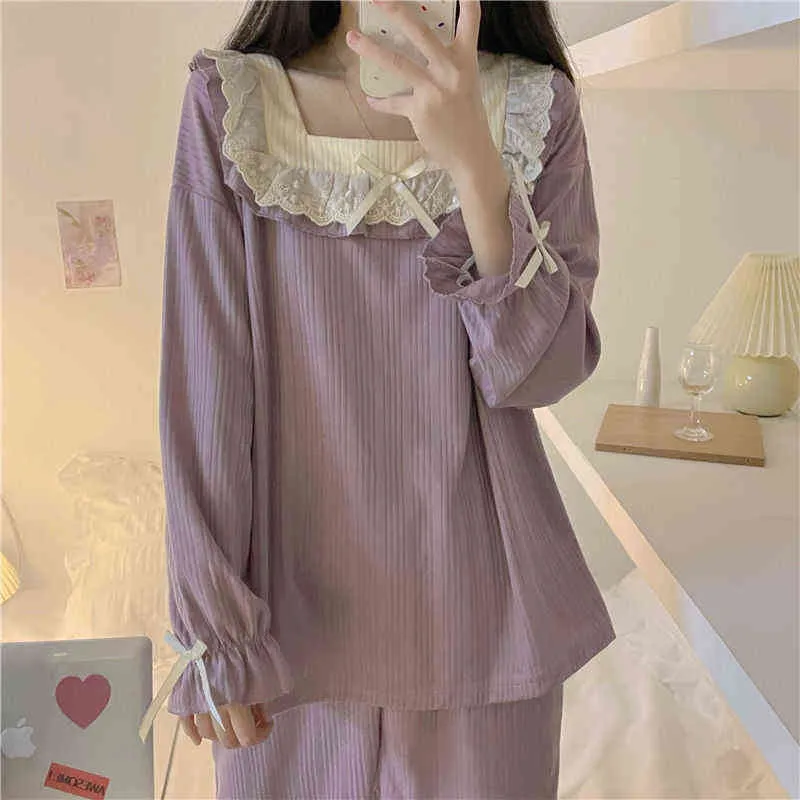 Women Pajama Sets Autumn Lace Square Collar Nightwear Princess Long Sleeves Ruffles Pyjama Lounge dent Sweet Outfit Two Pieces L220803