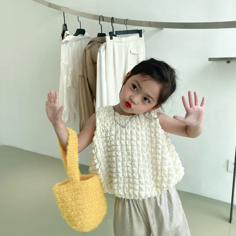 2079c Girls Bubble Ball Tops Summer Korean Children Fashion Fashion Loose Jaqueta curta sem mangas 2 9 anos Kid S 220620