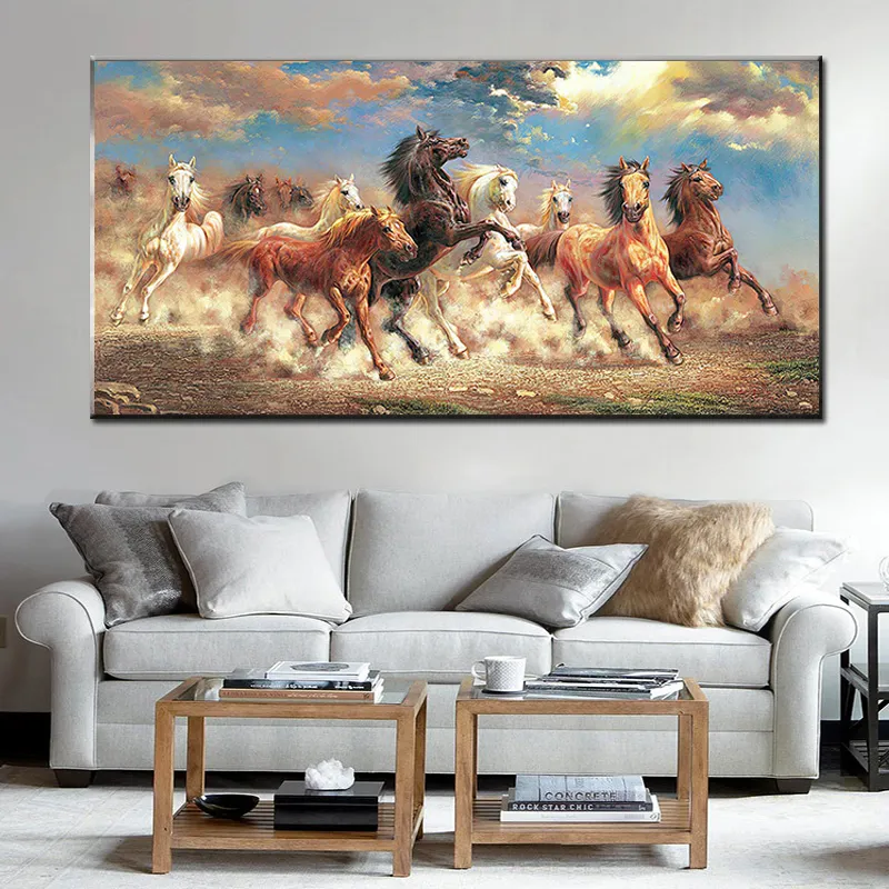 Large White Running Horses Canvas Painting Oversized Modern Animal Poster and Print Wall Art Picture for Living Room Home Decor