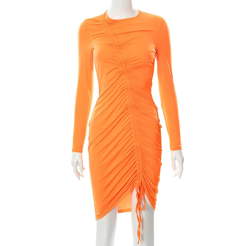 Cnyishe Autumn Women Going Out Dress Fashion Drawstring Ruched Dresses Women Neon Orange O-Neck Long Sleeve Midi Dress Vestidos 220510