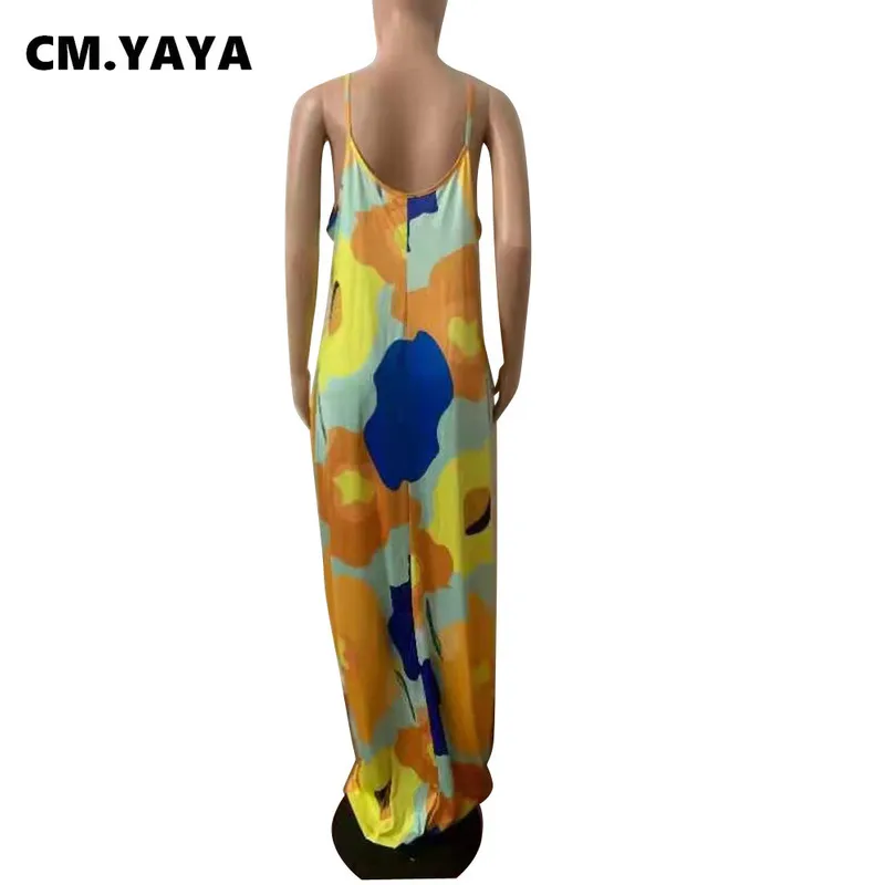 CM.YAYA Women Plus Size Dress Print Sleeveless Strap V-neck Loose Long Maxi Dress with Pockets Fashion Vestidos Summer Outfits 220516