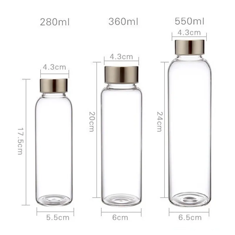 UPORS Glaswasserflasche 280 ml/360 ml/550 ml Sportflasche mit Edelstahldeckel und Schutztasche Eine kostenlose Reisegetränkeflasche 220418
