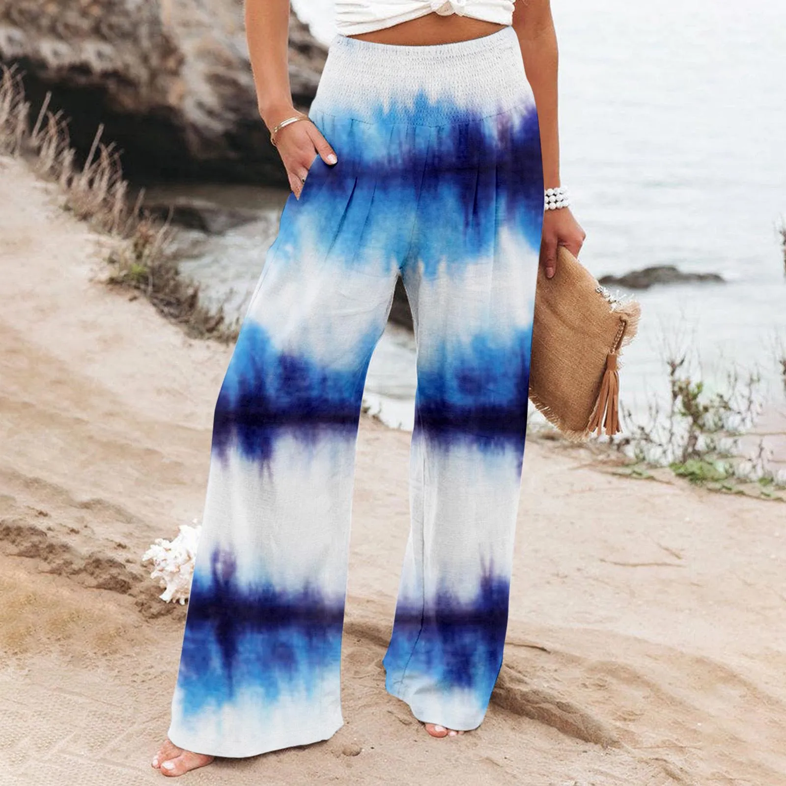 Elastic Fitness Yoga Pants Wide Leg Pants Trousers Independence Day Tie-dye Printed Slacks Spring Long Casual Baggy