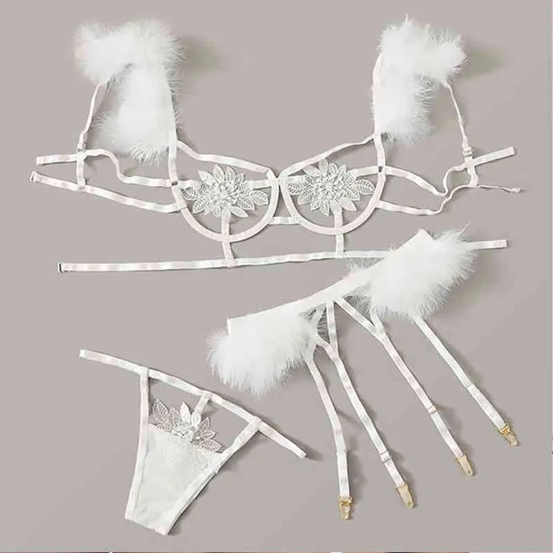 Comeonlover Feather Bra Underwear Set Hollow Out Women Giarrettiera Lingerie Sexy Trasparente Backless Panty Lenceria Sensual Mujer