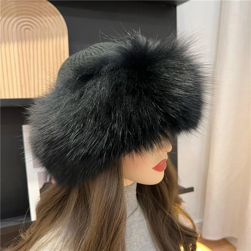 Beanie Skull Caps Women Winter Warm Thick Hat With Real Fur Trimmed Girls Fluffy Cap Knitted Wool Outdoor BeaniesBeanie Skull Bean185E