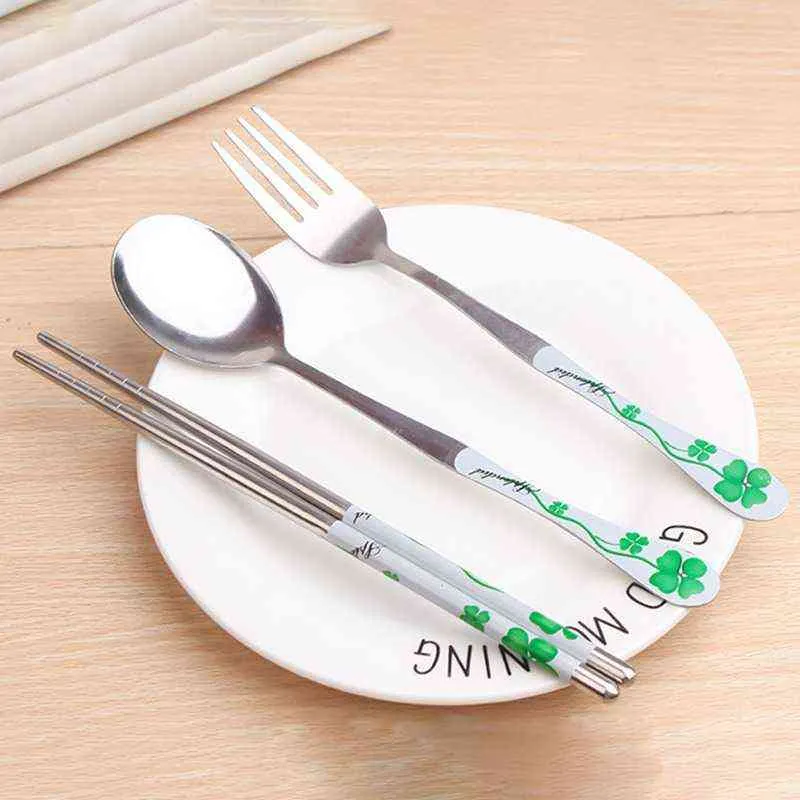 Chinese Style Dinnerware Flower Pattern Stainless Steel Fork Spoon Chopstick Travel Portable tableware Cutlery Gift Box Y220530