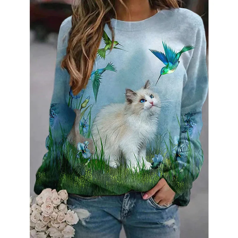 Y2K CAT 3D Print T-shirt Kvinnor Fashion Casual O-Neck Topps Långärmning Spring Summer Vintage Oversize Pullover T Shirts 220321