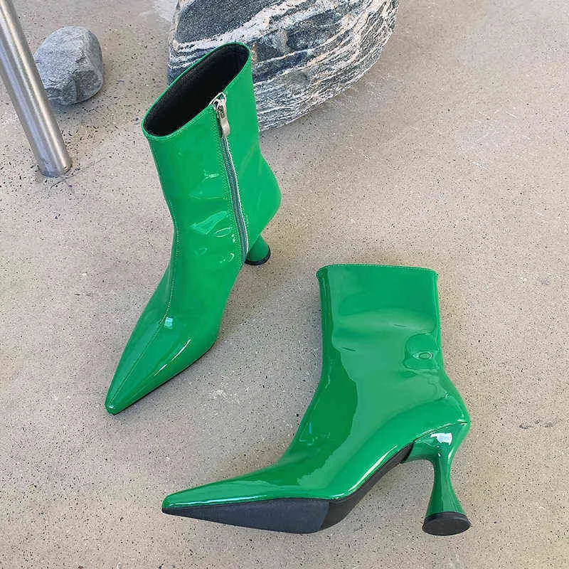 2022 Vinter lyxiga kvinnor patent läder fotled stövlar western spetsiga tå gröna hög klackar korta stövel designer party mode skor y220706