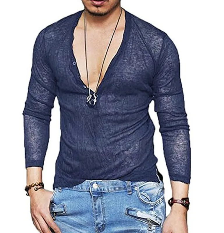 男性のtシャツカジュアルスリムフィット長袖の深いvneckセクシーなシャツtシャツ服のトップスプラスサイズ220813