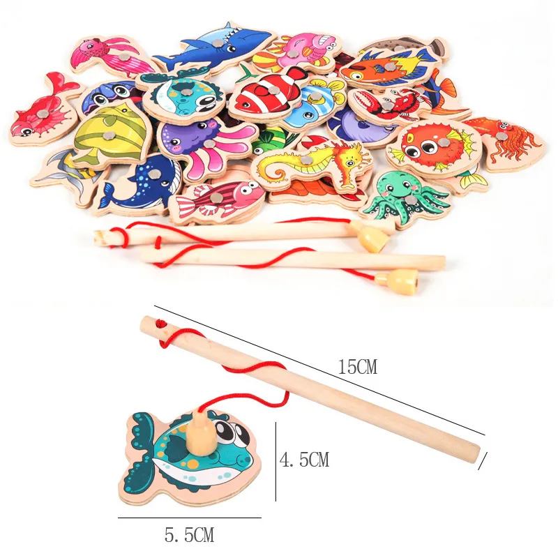 Wooden Magnetic Fishing Game Cartoon Marine Life Learn Alphanumeric Toys Baby Montessori Early Educational Toy for Kids Gift 220621