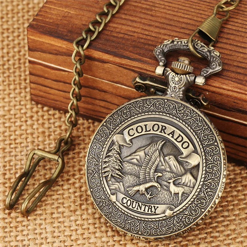 Relógios vintage colorado eagle design masculino feminino quartzo analógico relógio de bolso com colar pingente corrente colecionável timepiece1948