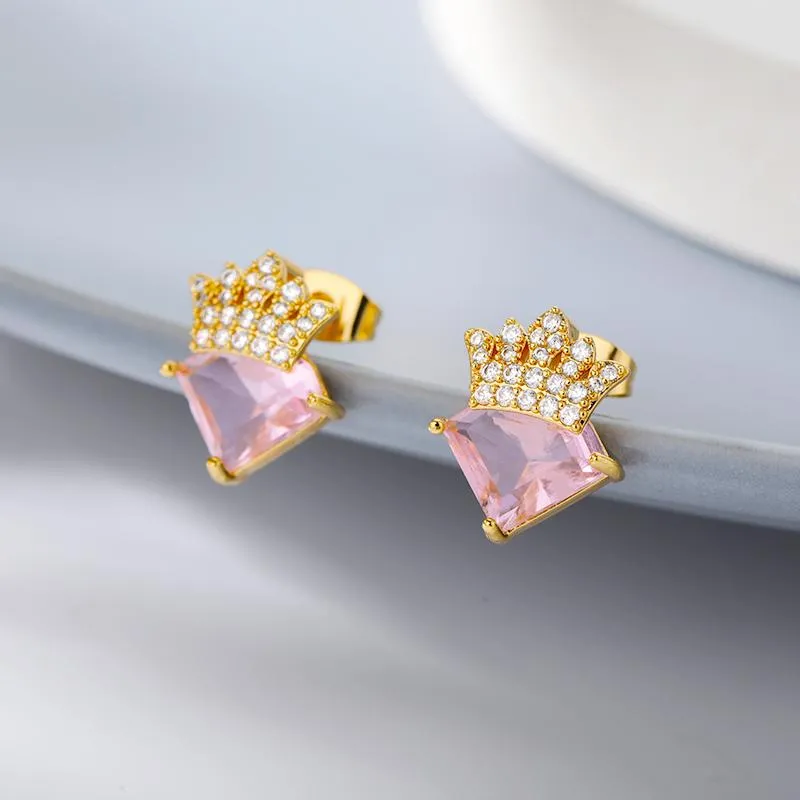 Stud Stainless Steel Crown Diamond Earrings For Women Gold Girl Birthday Wedding Anniversary Fashion Jewelry GiftStud213m