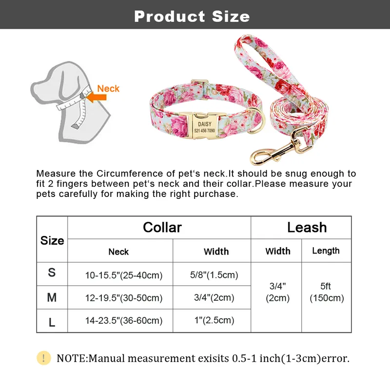 Personalisiertes Blumen-Hundehalsband und Leine-Set, individuelles Hundehalsband für kleine, mittelgroße und große Hunde, Leine, Blumendruck, Hundehalsbänder mit Gravur 220608