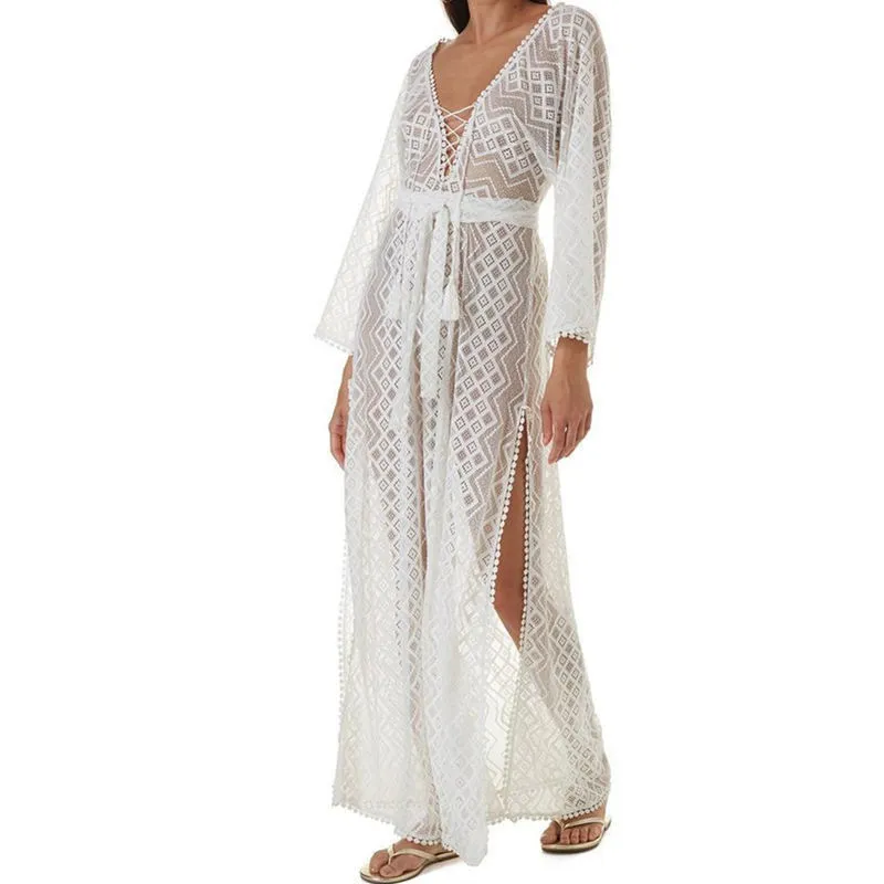Sexy See através do vestido de verão de renda branca Túnica de praia Mulheres de praia Vestido de manga longa de caça longa