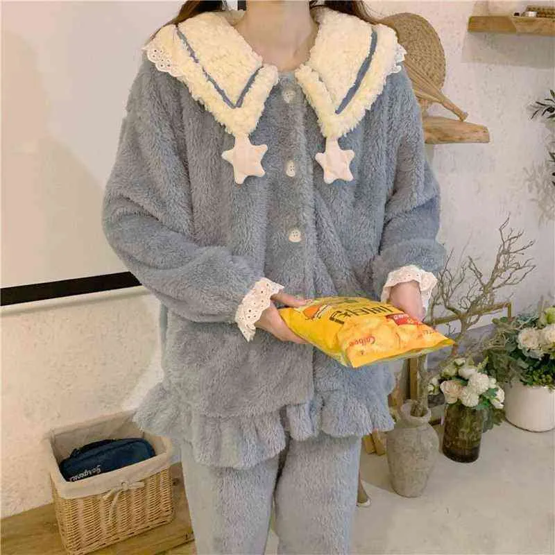 Flanell Winter Pyjama Set Women Cute Thermal Leisure Soft Plush Homewear Female Star Nightwear Hairy In Fashion Windsecture Girl L220803