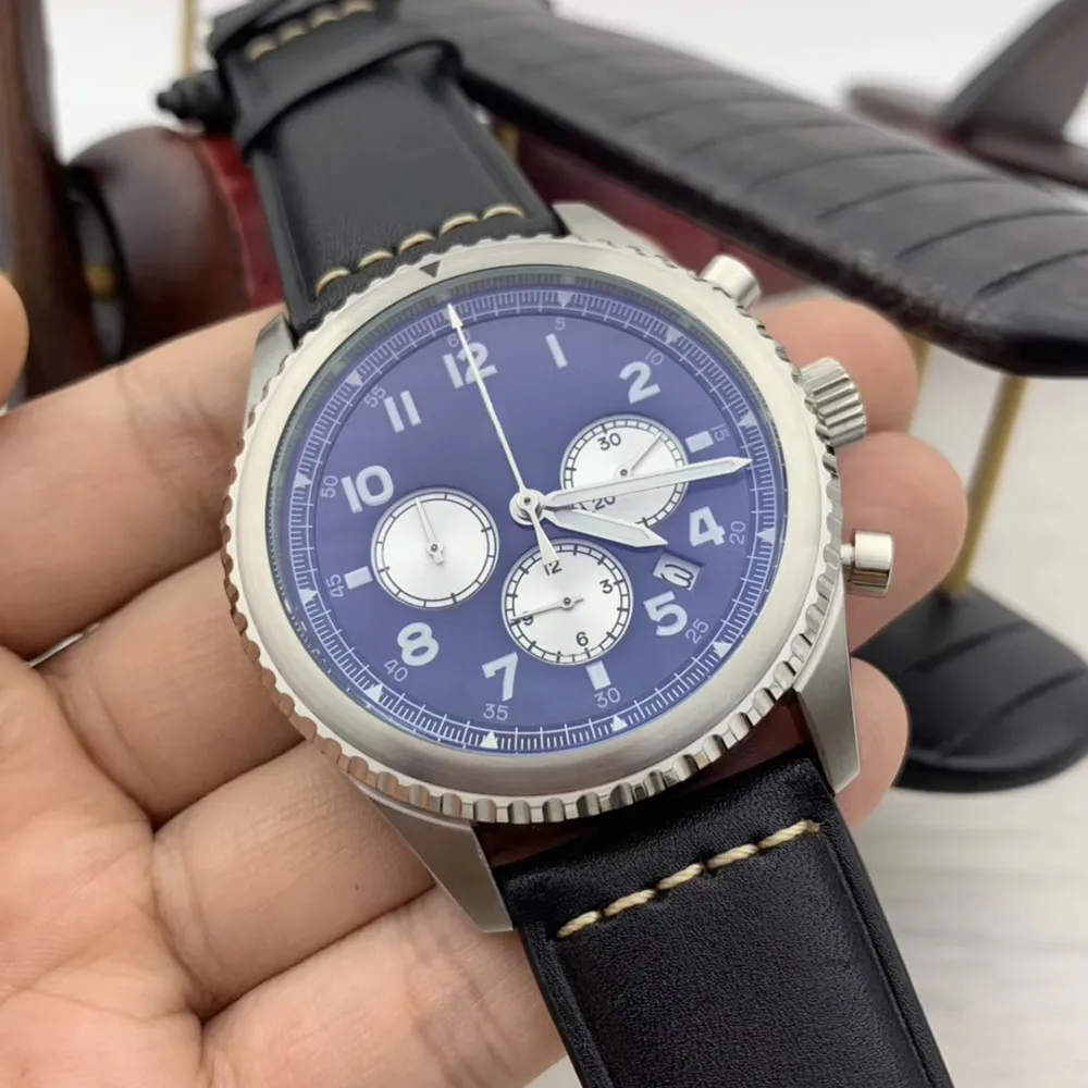 고품질 비행기 8 Curtiss Quartz 크로노 그래프 남성 시계 46mm 실버 케이스 녹색 다이얼 검은 색 손목 시계 검은 색 Leathe286r