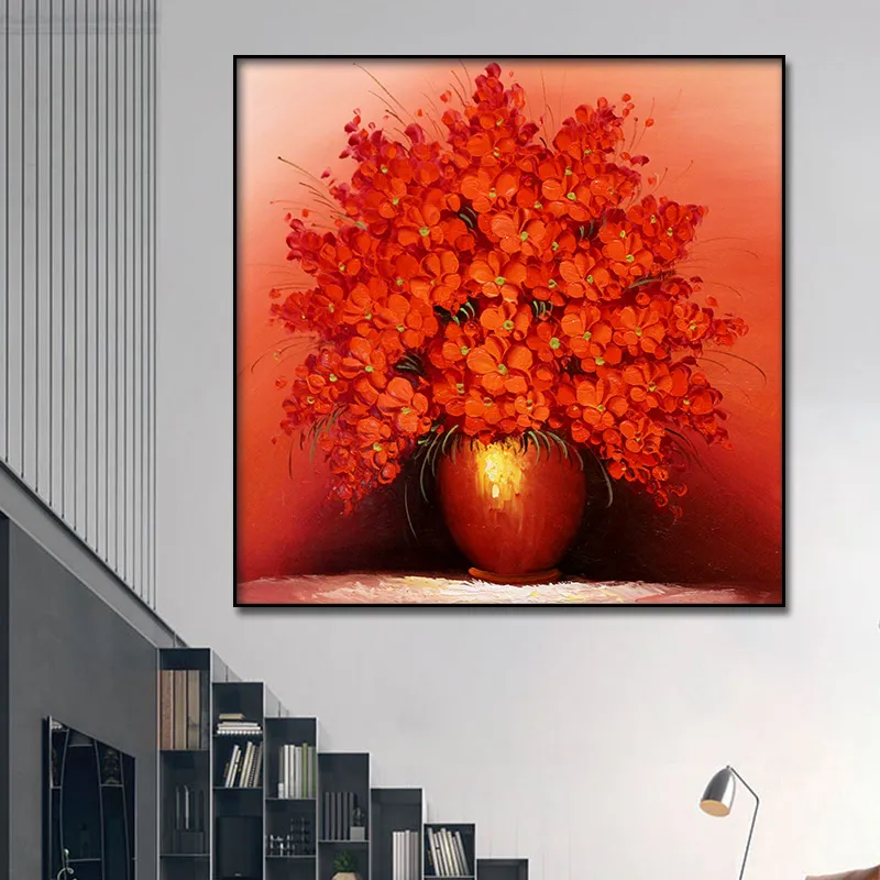Abstract Oil Painting a Pot of  Red Flow Canvas Posters Wall Art Print Modern Painting Nordic Kid Bedroom Decoration Picture (4)