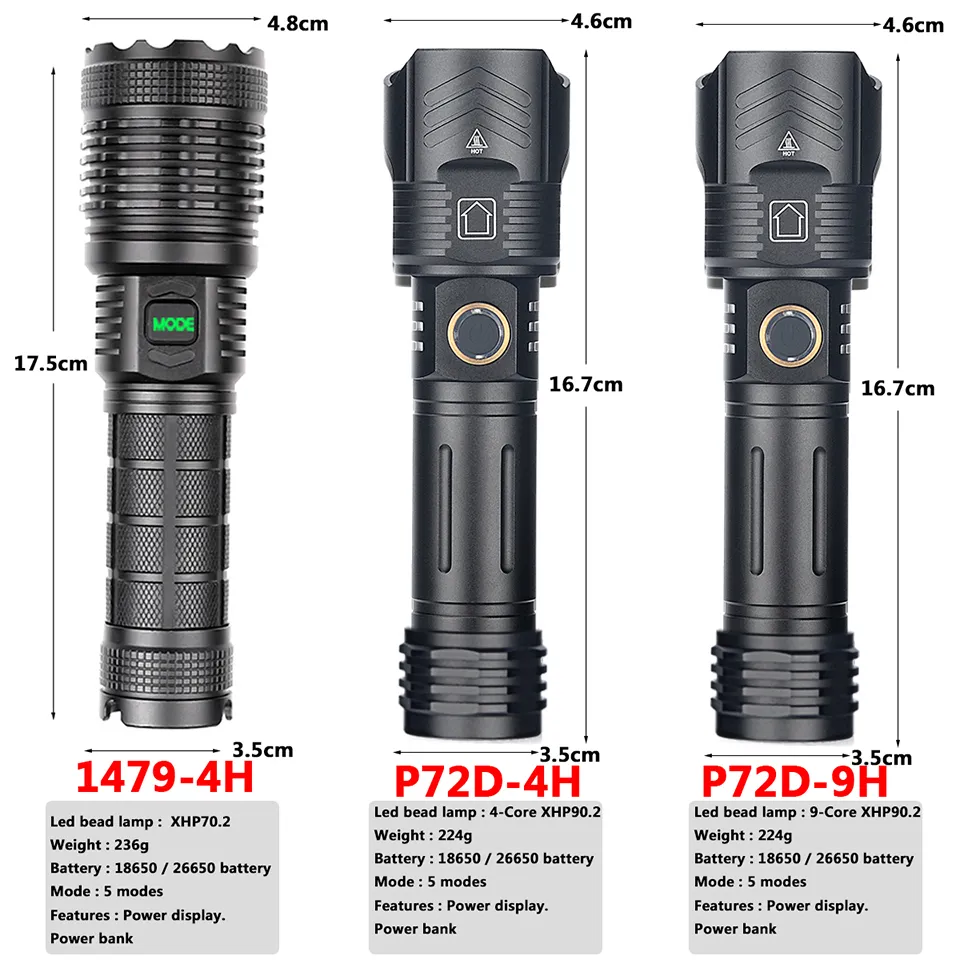 New 9-cell XHP100 LED Flashlight USB Rechargeable Power Bank 18650 26650 Battery Flashlight Zoom Aluminum Lantern 30W Night Walking