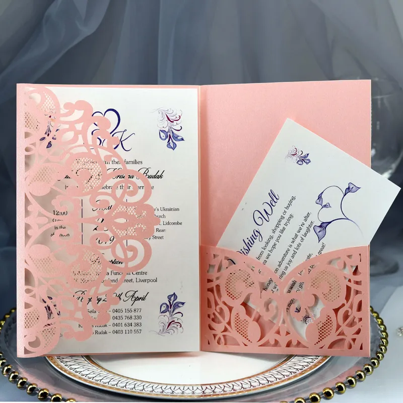 1 Uds., tarjeta de felicitación de invitación de boda con corte láser elegante azul y blanco, negocios personalizados con tarjetas RSVP, suministros de decoración para fiestas 220711