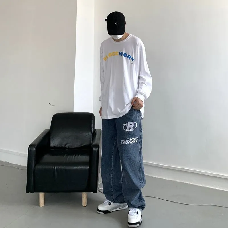 Jesień Streetwear Retro Hip-Hop List Haft Jeans Luźne Spodnie Prosto-nogawkowe szeroko nodze dla mężczyzn i kobiet Couples 220328