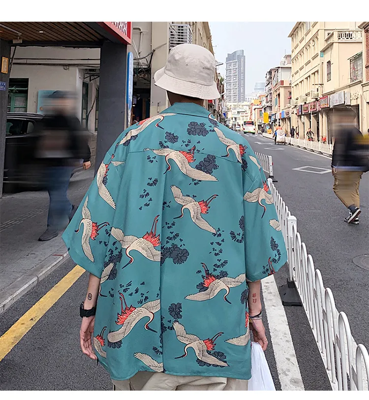 Mens Crane Print Shirt Harajuku Summer Vintage Button Up Short Sleeve Casual Shirts Male Chinese Chic Hip Hop Fashions Smooth Blouses