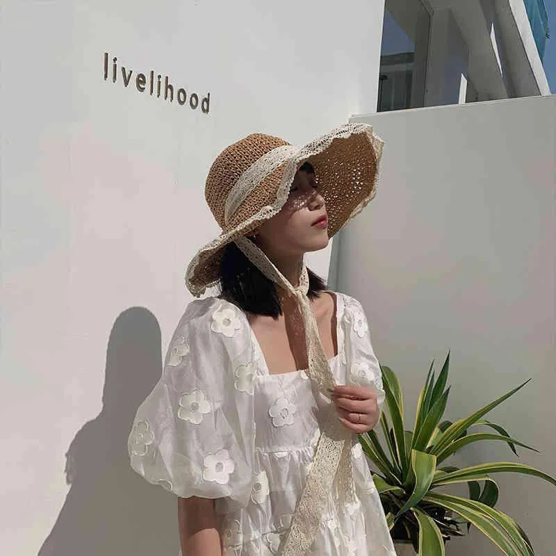 Summer Straw Lace Beach s Women Korean Windproof Rope Travel Wide Brim Sun Elegant Lolita Bucket Hat Holiday