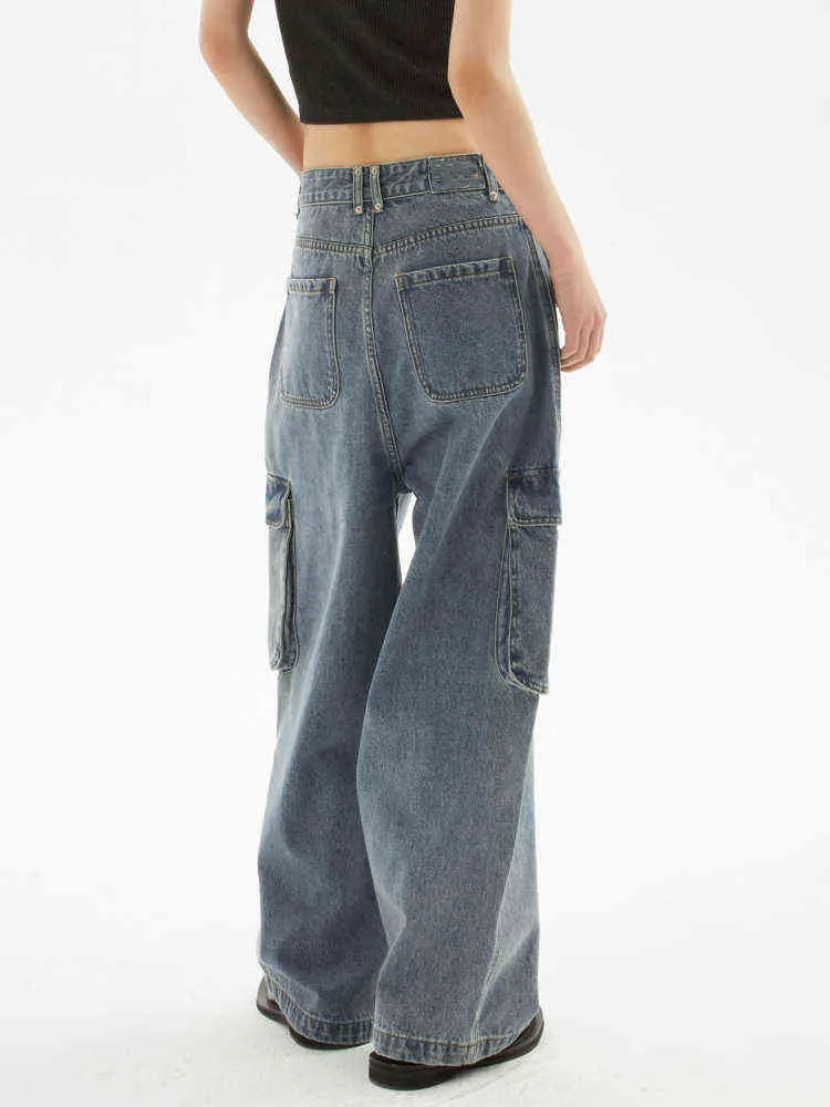 Tvättad blå retro multi-väska jeans kvinnors sommar nya amerikanska raka löst bredben unisex overaller denim byxor kvinnlig t220728