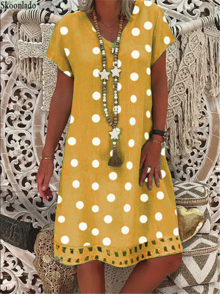 Overseas All Size DOT Cotton Linen Women Dresses Casual Loose Lady Dress Summer Clothes Original Design Female 220613