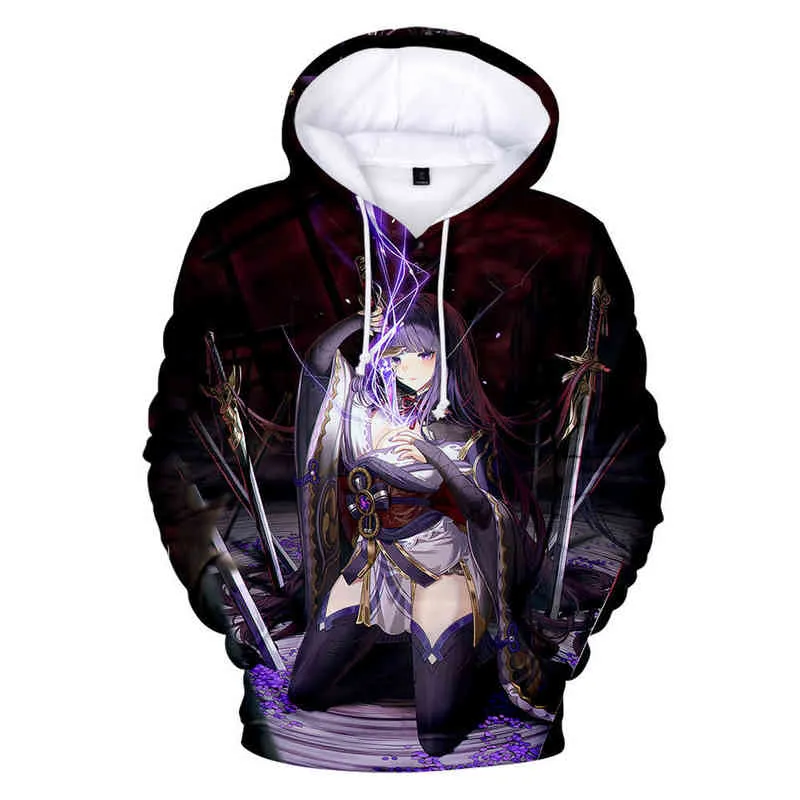 Anime oyunu Genshin Etki Hoodies 3D Baskı Sokak Giyim Raiden Shogun Erkek Kadın Günlük Sweatshirt Hoodie Kazak Üstler Erkekler Kaplama Y220713