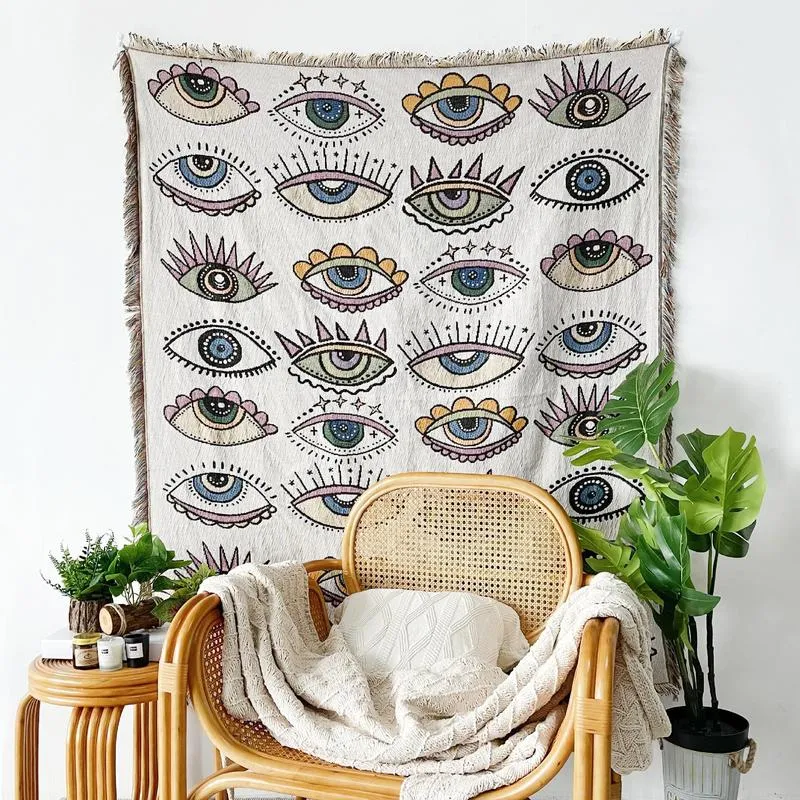 Yaapeet Evil Eyes Jeter Couverture Tricoté Coton Housse De Canapé Demon Eye Pondéré Tapisserie Bohème Gland Boho Décoration Murale Tapis De Pique-Nique 220517