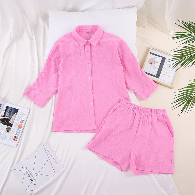 HiLoc Casual Sleepwear Cotton Pajamas For Women Sets Suit Turn-Down Collar Nine Quarter Sleeve Sleep Tops Shorts Female Homewear 220802