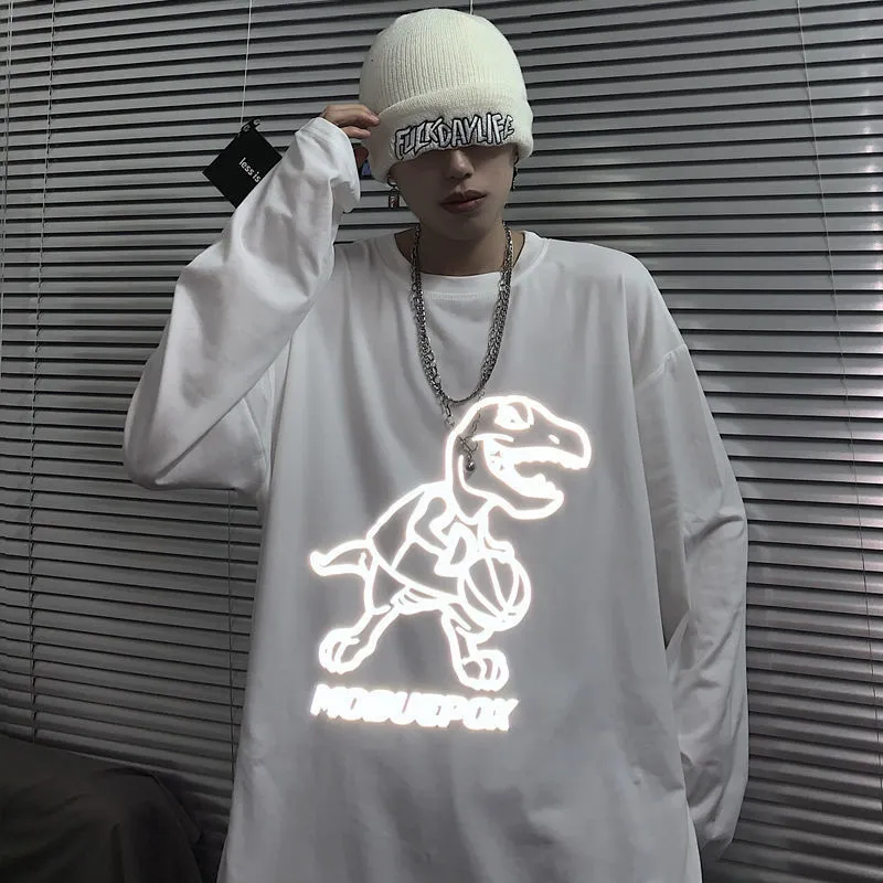 Dinosaur Reflective Tshirt Streetwear Men Hip Hop Oversize Sweatshirt Japan Harajuku Tops Cotton White Autumn Rock T Shirt Male 220608