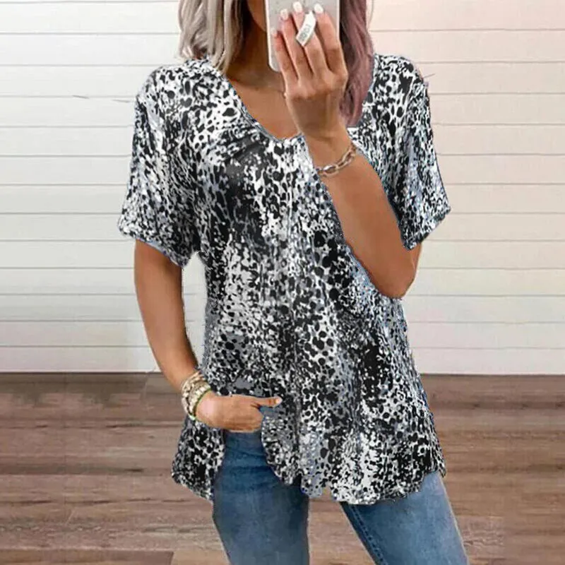 Summer Women's Clothing V-neck Short Sleeve Tops Printed Tees Casual Loose T-shirt Ladies Zipper Tee XS -5XL