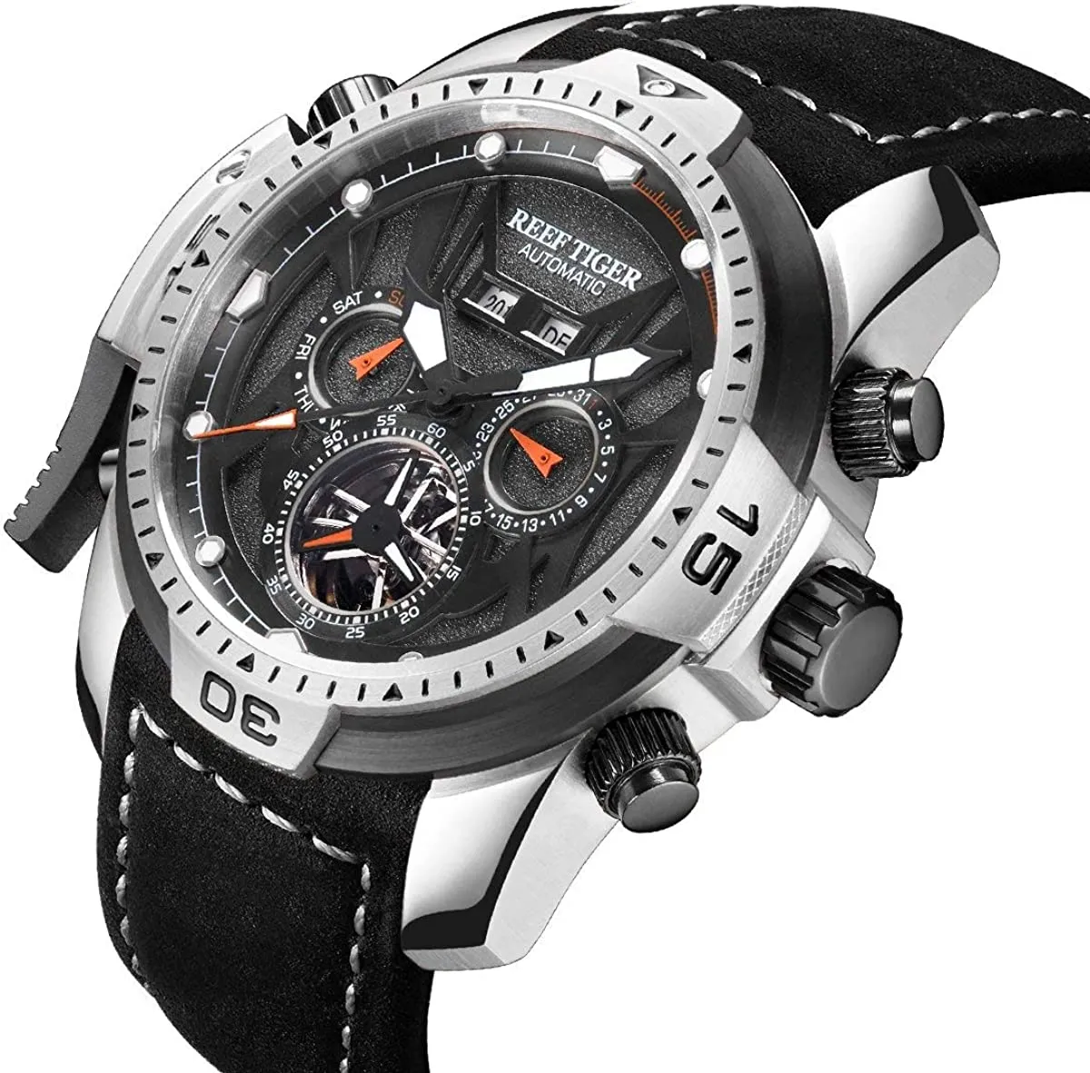 Reef Tiger Mens Sport relógios de aço inoxidável relógios automáticos relógios militares pulseira de couro