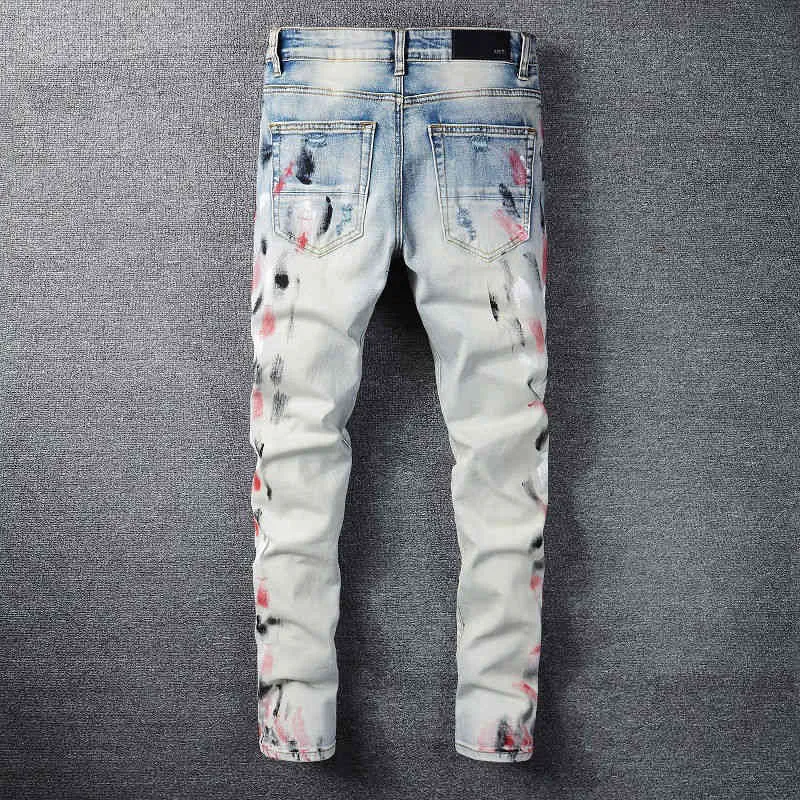 Дизайнерские мужские джинсы Amirrss Jeans, новый светлый цвет, персонализированные брызги краски, нож с вырезом, мужской модный бренд, корейские узкие брюки BE8E