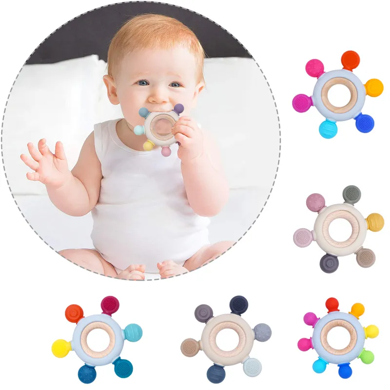 Design Silicone Teething Infant Chewing born Accessories Cartoon Rudder Shape Baby Toys Food Grade Wooden Ring Stuff 220812