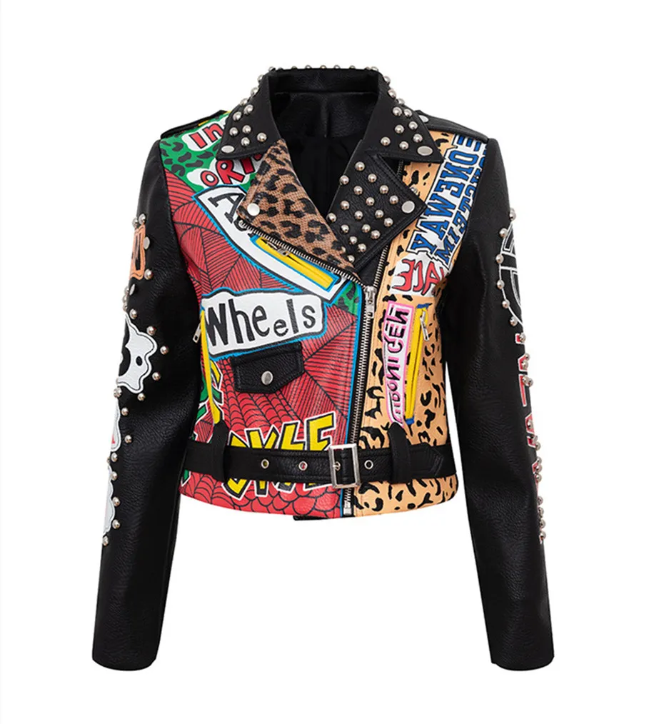 Wholesale Women Designer Jacket Faux Leather Long Sleeve Short Coat Fashion Rivet Print Patchwork Crop Tops B10128
