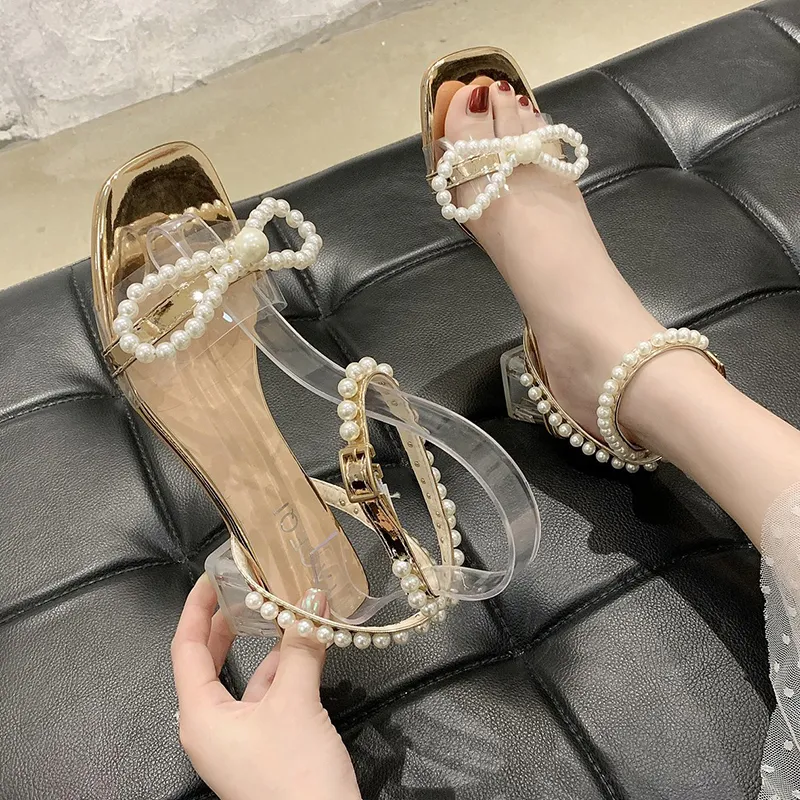Rimocy Fashion Ankle Strap Pearls Sandals Women Summer PVC Transparent Heels Sandalias Mujer Beaded Bow Party Shoes Woman 220516