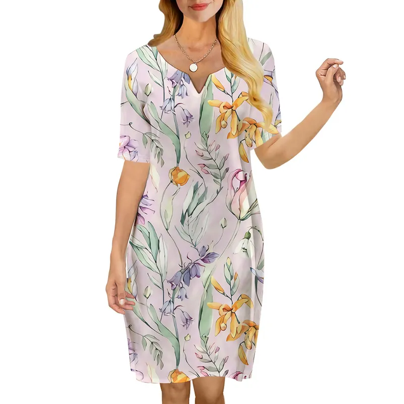 Femmes robe simplement florale 3D imprimé col en v ample décontracté à manches courtes robe droite pour les robes féminines robe élégante 220616