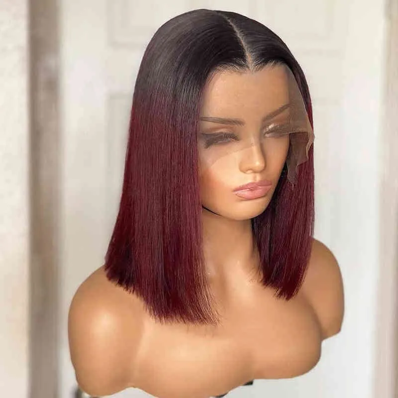 Kort bob x spetsfront wig b j rak burgundy mänskligt hår brasilianska remy ombre vin röd före plockad för kvinnor 220606